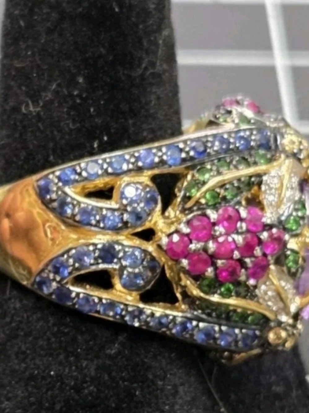 ✨ 18K Yellow Gold Multi-Gemstone & Diamond Ring 💜 Amethyst Cabochon Size 7¼